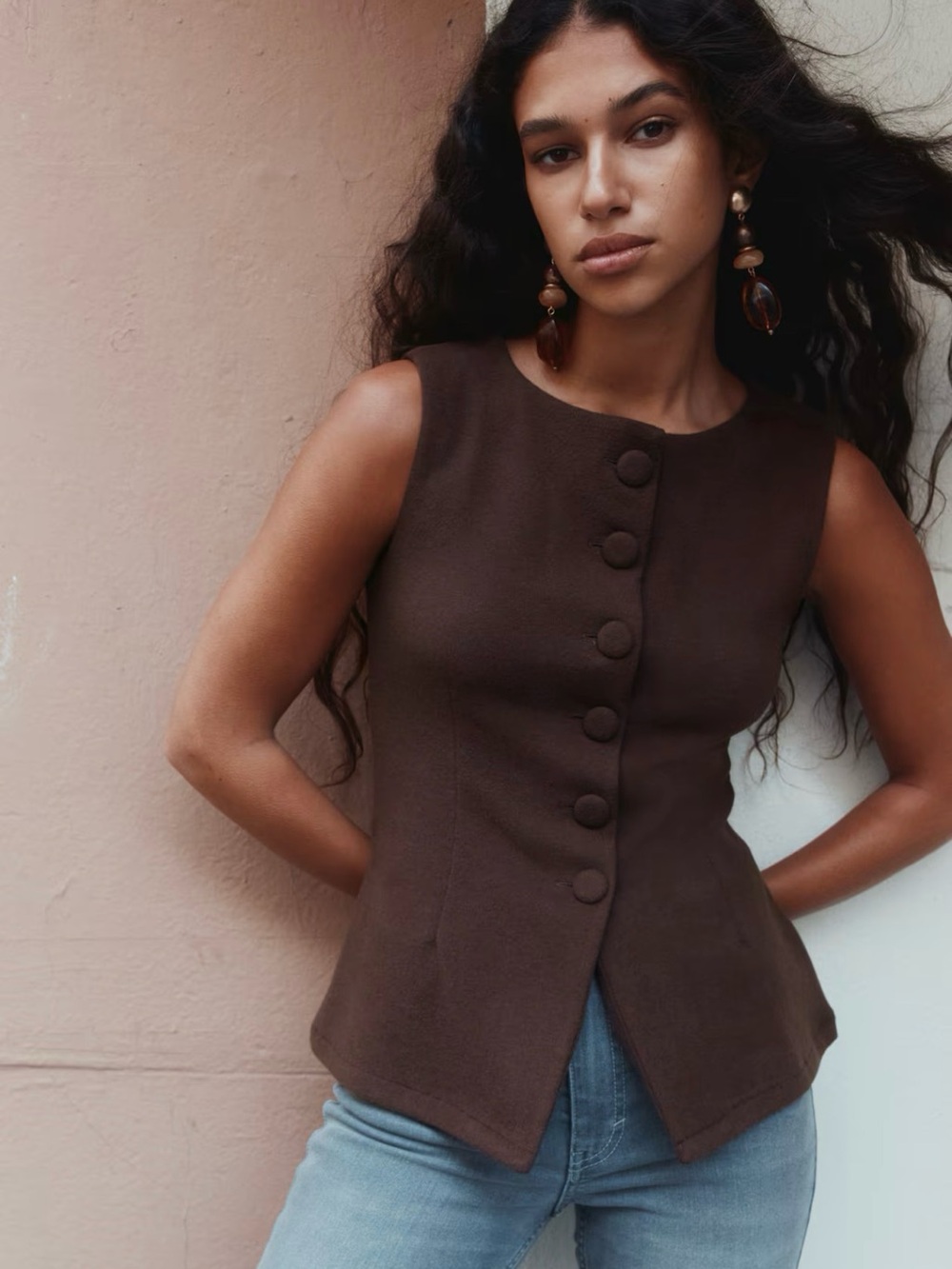 H&M Brown Sleeveless Button-Front Tank Top